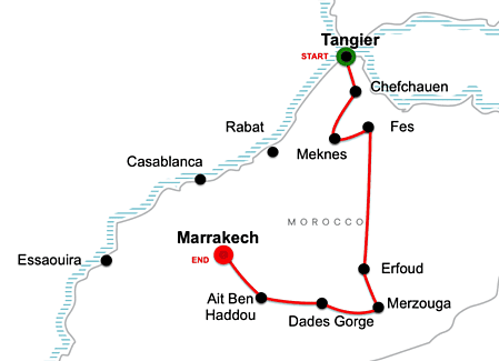 Tangier - imperila cities- sahara desert and marrakech 10 days tour map